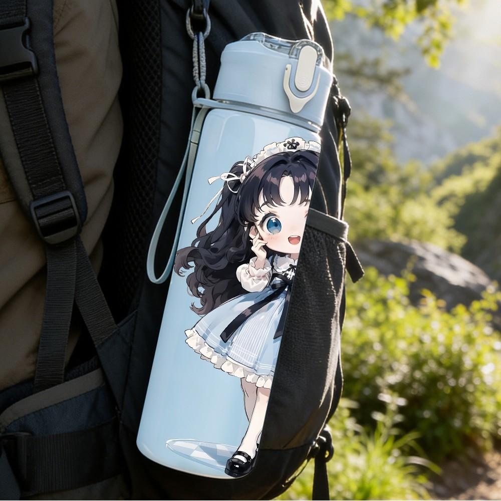 1PC Dark Blue Dress Girl Standing Pattern 750ml Color Plastic Sports Water Bottle Leakproof Flip Straw Lid Suitable for Sports Office Home Use
