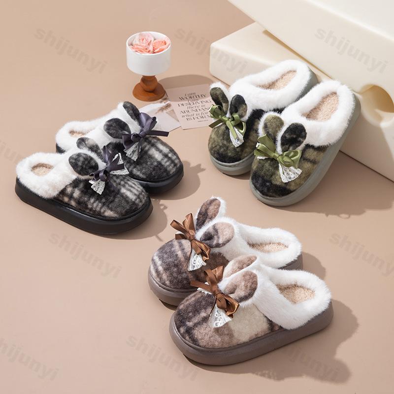 Fashion Women's Platform Cotton Slippers 2025 Autumn Winter New Fashion Bow Knot Lace Warm Home Shoes Non Slip Plush Thicken Slippers