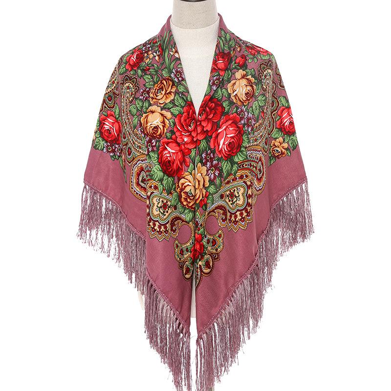 135*135cm Women Russian Style Big Square Scarf Shawl Retro Fringed Cotton Print Scarves Hijab Wraps Ethnic Shawls Bandana