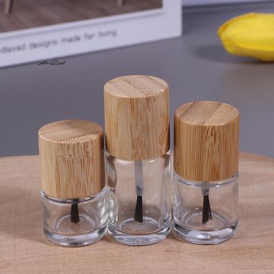 Cylindrical Glass Nail Oil Bottle 5/10/15ml with Solid Wood & Bamboo Cover Hair Brush Included Nail Glue Bottle Oil Container