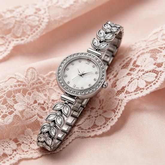 Ladies Rhinestone Bracelet Watch Luxury Quartz Watch Round Dial Elegant Wristwatch for Work Party Date
