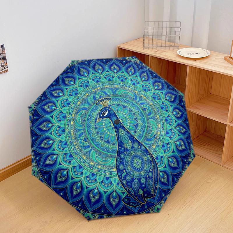

1 PC Automatic Folding Umbrella - Green peacock Pattern, Portable & Foldable Design with 8 Ribs, Christmas Birthday Gifts