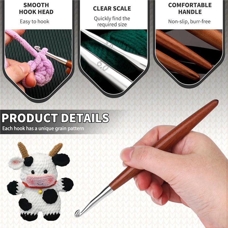 SHGO-Aluminum Crochet Hooks Set(8-Pack), For Arthritic Hand Friendly, Wood Handle Sizes 3Mm- 7Mm For DIY Crafts Knitting