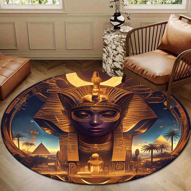 Luxurious Egyptian Culture Round Rug - Crystal Velvet Polyester Carpet with Vibrant Pharaoh & Pyramid Design, Non-Slip Backing, Perfect for