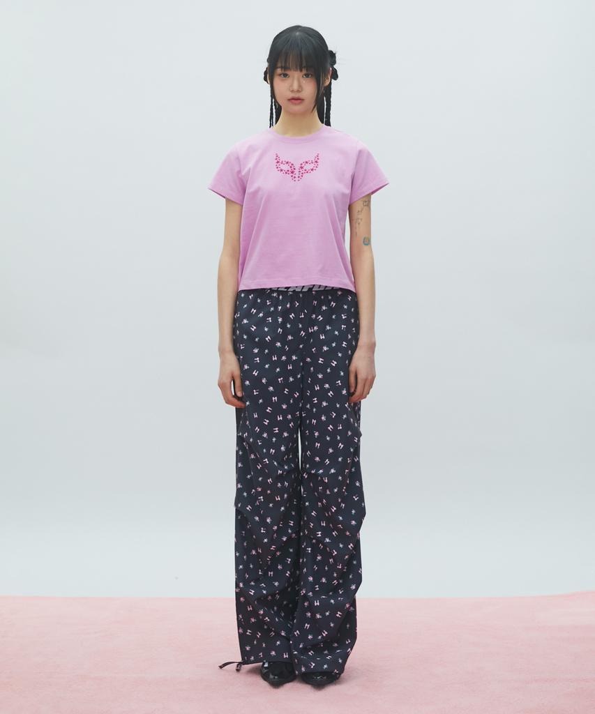 LALAFOX Flower Print Wide Track Pants Nylon Track Pants Charcoal Br2Wp002