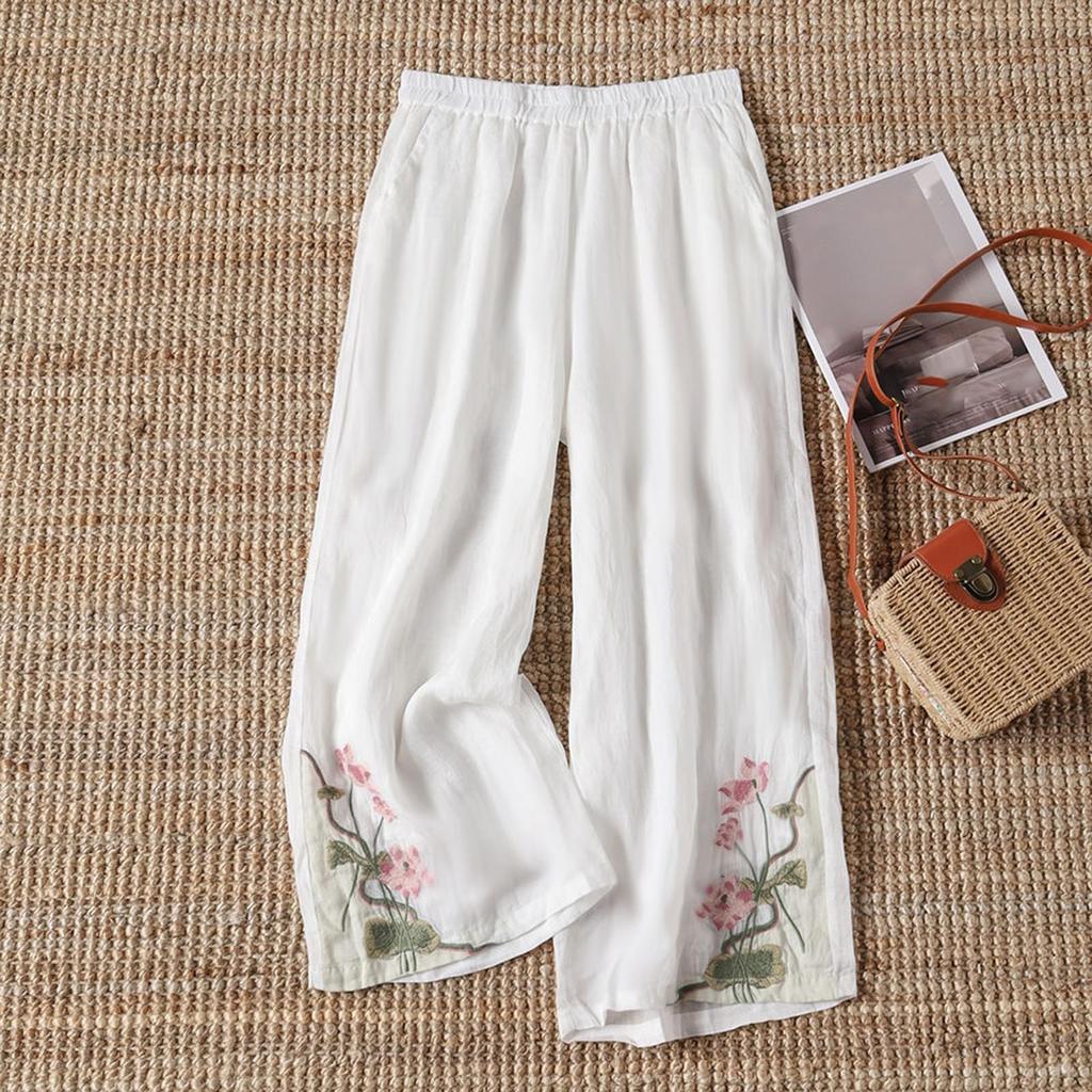 Retro Embroidery Pants Pleated Loose Leisure Versatile Wide Leg Pants Bohemian Vacation Slanted Pocket Breathable Trousers