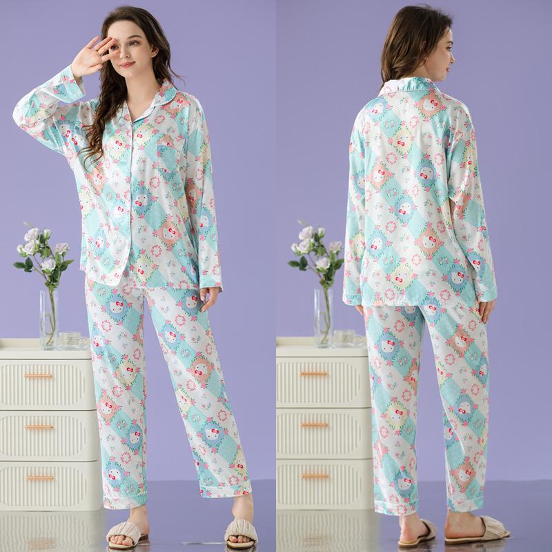 Autumn Cartoon Ice Silk Pajamas Women'S Spring And Summer Simulated Silk Cardigan Trousers Plaid Small Fresh Loungewear