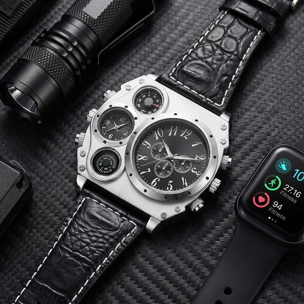 Large Dial Dual Time Zone Watch PU Leather Strap Men's Watch Top Brand Sport Wristwatch Men