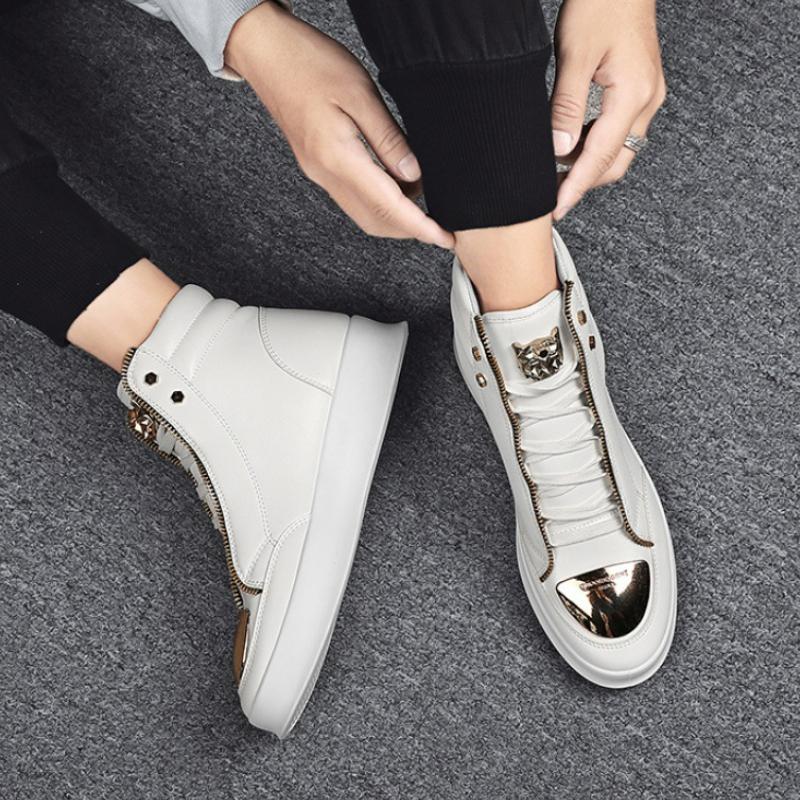 Sneakers da Uomo Scarpe Casual Alte Scarpe con Zeppa Leopardate in Pelle Moda Hip Hop Stivaletti alla Caviglia da Uomo con Cerniera di Design Stivali da Uomo
