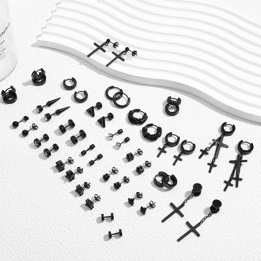 NEWITIN 24 Pairs Stainless Steel Earrings for Men Hypoallergenic Inlaid Cubic Zirconia Studs Hoop Earring Cross Dangle Earrings Unisex Punk Stud