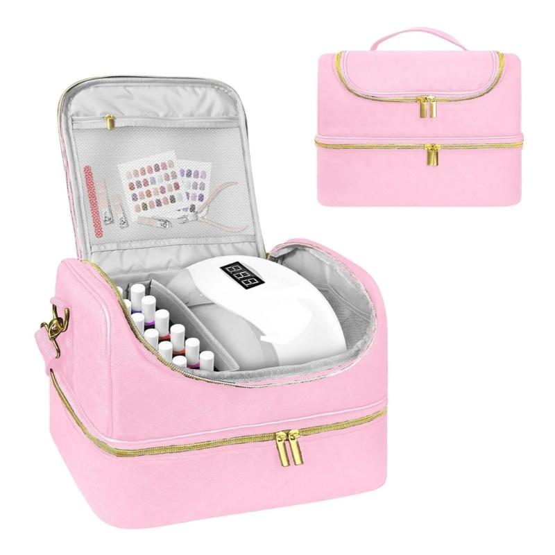Portable Nail Varnish Organizers Bag Double Handles Adjustable Strap Waterproof Polyester Makeup Storage Case 30x22x25cm