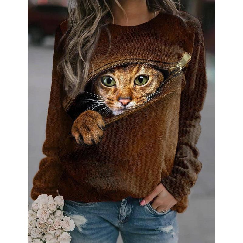 Höst 3D Katt Tryckta Sweatshirts Trendiga Casual Sport Långärmade Dam Sweatshirts