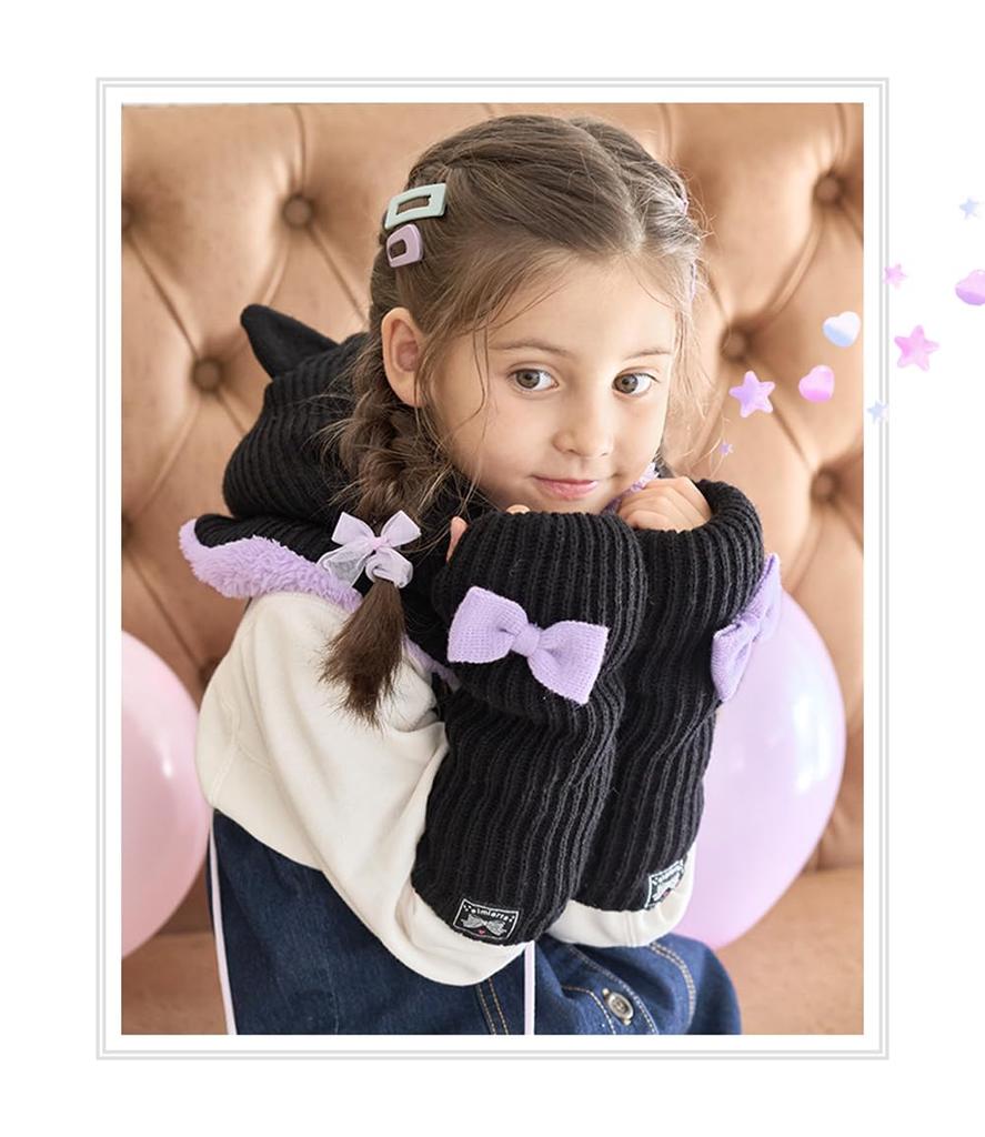 Arm Warmers for Gloves for Gloves for Cold Fleece Black Lavender [Arisana] Kids, Girls, Ribbon, Winter, Knit, Children, Protection, Lining, Fur,