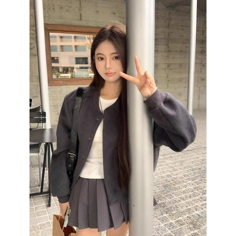 

Американская горячая девушка высокого класса темперамент бейсбольная форма пальто для женщин осень новый стиль дизайн серый короткий топ тренд XXXL