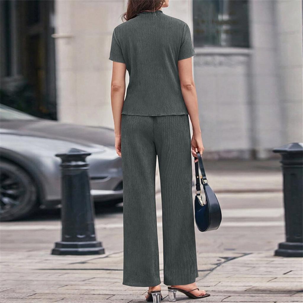 Women's 2-Piece Fashion Casual Short-Sleeve Turtleneck Loose Top + Wide-Leg Pants Loungewear Set