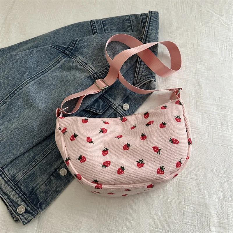 

Strawberry Printing Shoulder Bag Popular Corduroy Sweet Women Crossbody Bag Student Pretty Shopping Travel Hobo Underarm Bag