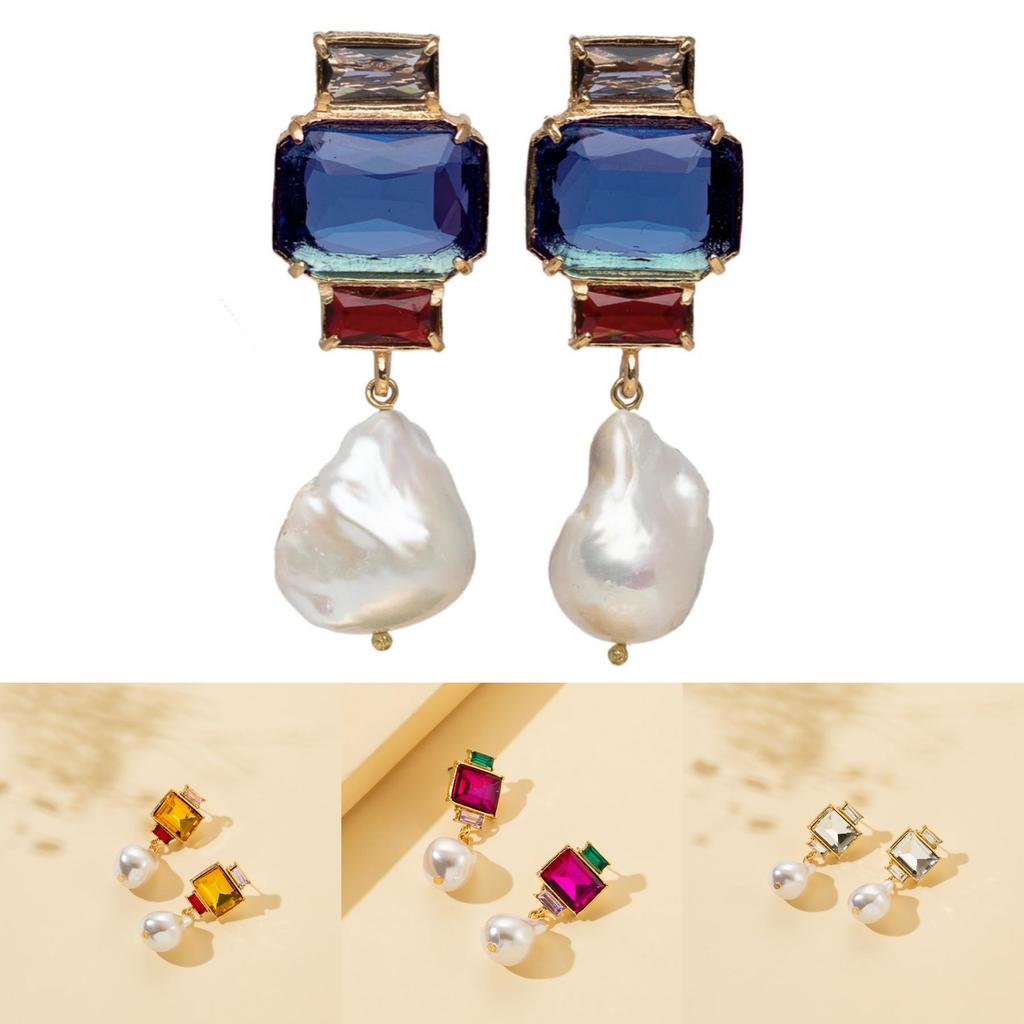 Elegant Square Alloy Stud Earrings With Dazzling Rhinestones And Pearl Tassels For Women