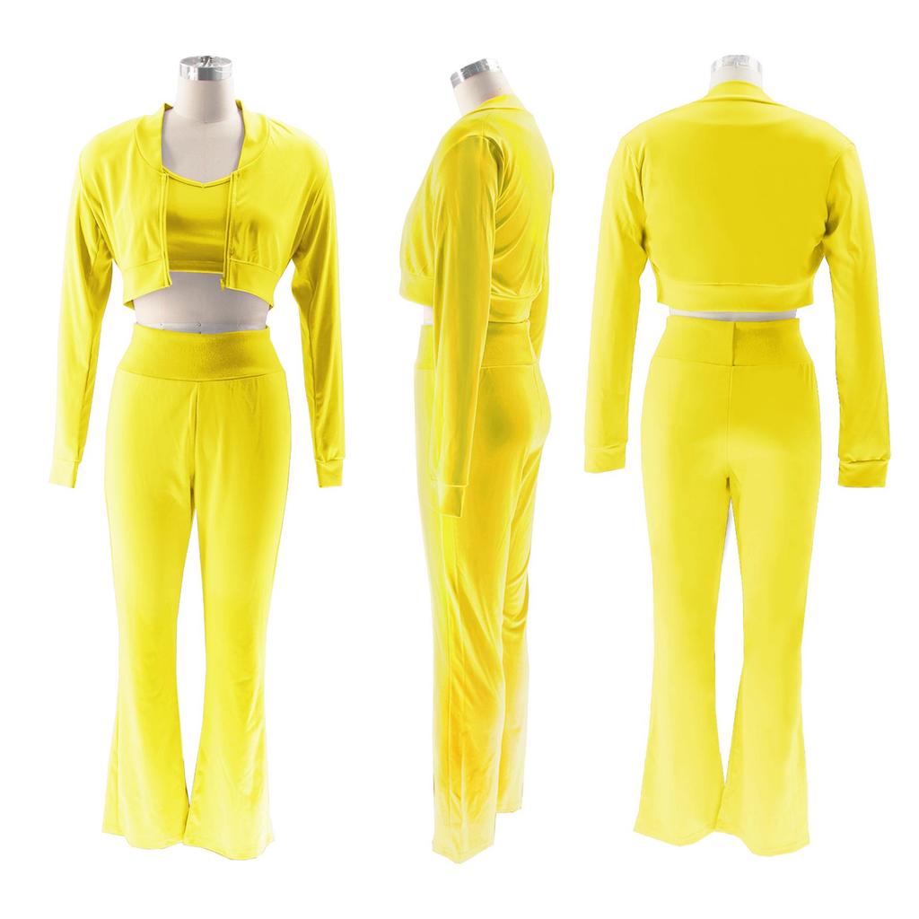 TW492 Stilvolles Dreiteiler-Set für Damen: Einfarbiges Sexy Cropped Lässiger Sportanzug