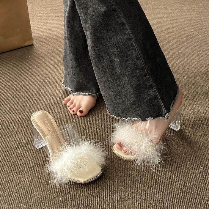High-heeled Slippers Women's Summer Outer Wear 2025 Spring New Shoes Sandals Thick Heel Thick Sole Transparent High Heels Women's Plush Sandals