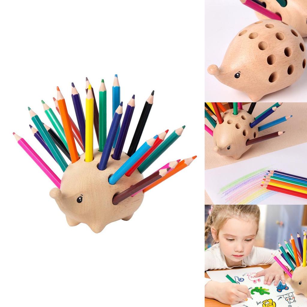 Wooden Hedgehog Stationery Organizer With 24 Pencils For Student Desk And Creative Decor