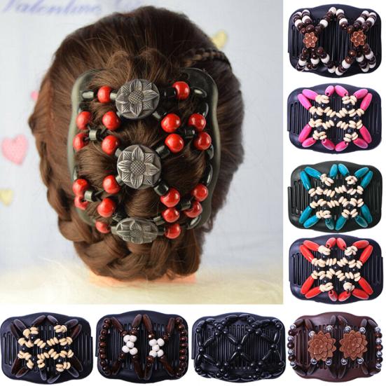 Women Vintage Wooden Beads Magic Hair Comb Hairpin Clip Double Slide Headwear