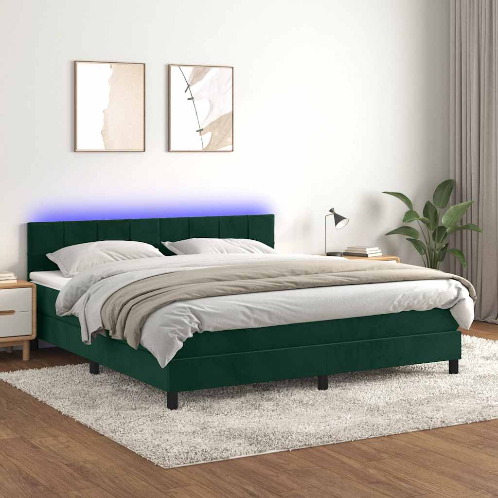 Box Spring Bed with Mattress & LED Lighting Dark Green 160 x 200 cm Velvet