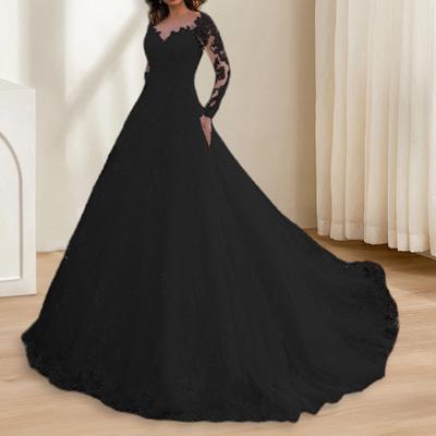Yousheng Women Evening Dress Lace Floral Embroidered A-line Big Swing V Neck Long Sleeves Back Zipper Closure Prom Wedding Party Maxi Dress