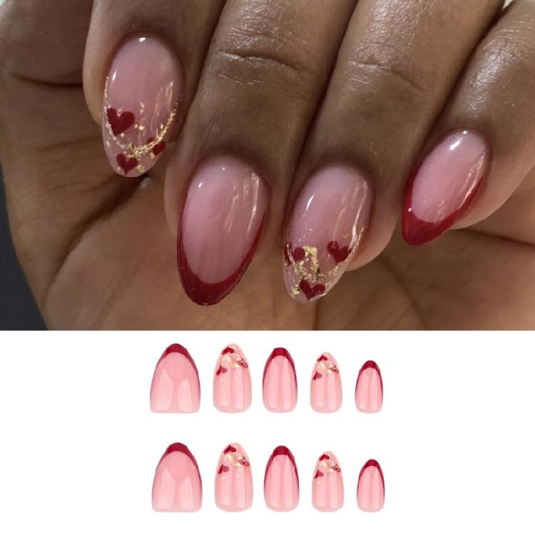 Valentines Day False Nail Short Almond French Tip Heart Glittering Glossy Glues On Nail 24Pcs Set for New Year Christmas