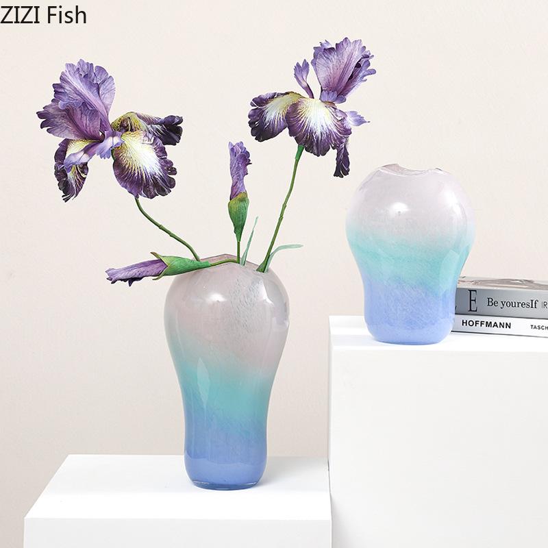 Cute Pink Blue Gradient Glass Vase Hydroponics Plant Pots Table Decoration Flower Arrangement Floral Vases Room Aesthetic Decor