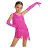 Children‘s Sparkly Rhinestone Latin Outfit Sleeveless Asymmetric Neck Sequin Tassel Bodysuit and Mesh Gloves for Stage Performance