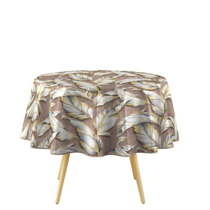 Nappe ronde - EDEN - Ebany Choco - Ø 160 cm - Marron motif végétal pailletées dorées - PVC imperméable
