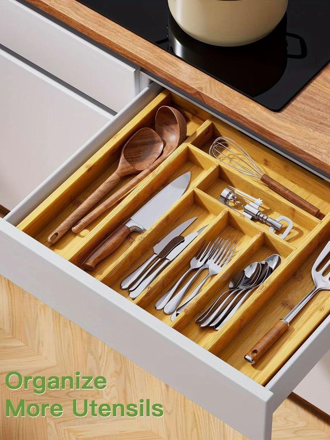 

Versatile Bamboo Expandable Drawer Organizer for Cutlery, Adjustable Tray, Wooden Drawer Dividers for Organizing Silverware,