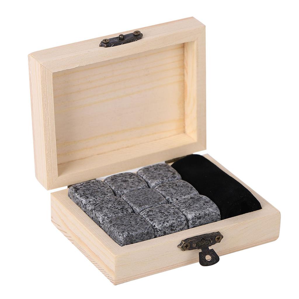 9Pcs Whisky Wine Chilling Stones Set Bar Home Drink Chiller Stones Rocks Wooden Box Packaging