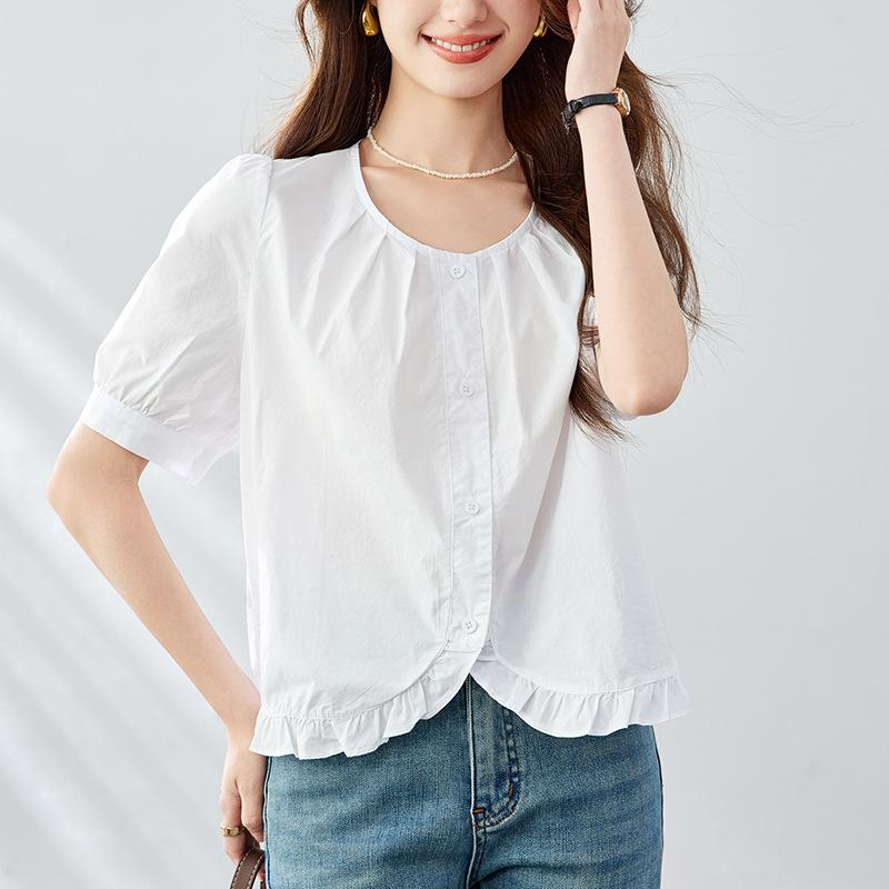 

Round-neck White Shirt for Women In Five-quarter Sleeve Summer New Style Wood Ear Design Top Pure Cotton Shirt M