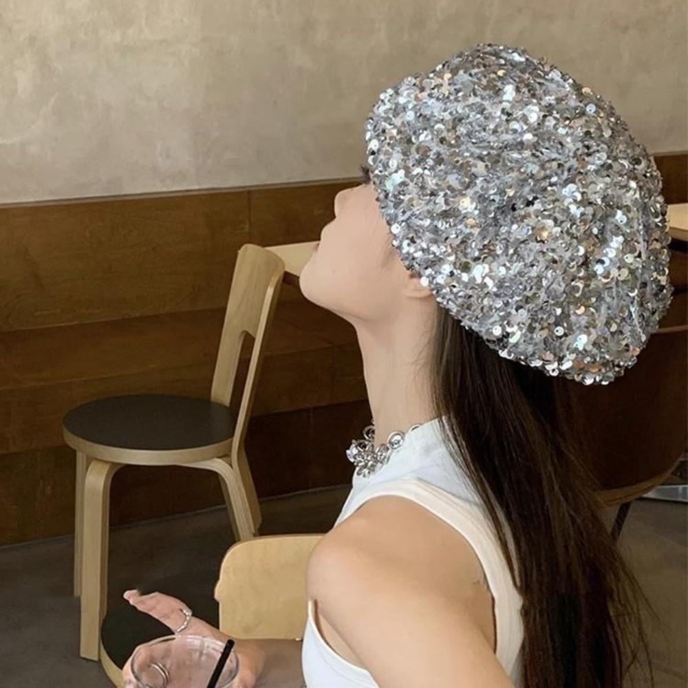 Sparkling Fashion Painter Hat Retro Lady Octagonal Cap Leisure Glitter Sequin Beret Streetwear