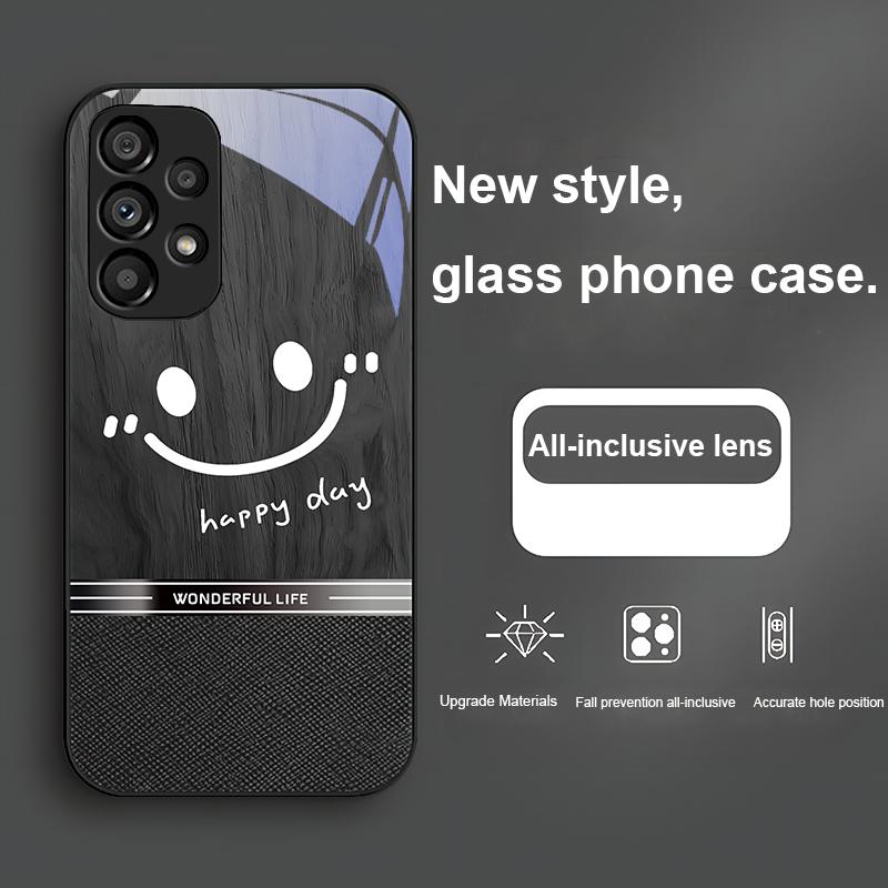 Holzmaserung lächelndes Gesicht für Samsung Galaxy S24 Plus S20 21 FE S23 Ultra S8 9 A70 72 73 50 51 52 53 Gehärtetes Glas Handyhülle