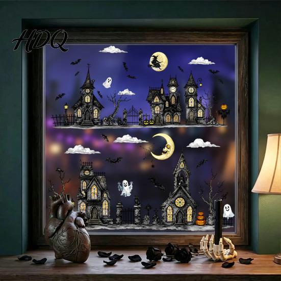 Themed Party Supplies Halloween Spooky Bat Static Window Clings Ghost House Glass Stickers Adhesive-Free Easy Peel Graphics Waterproof Decals