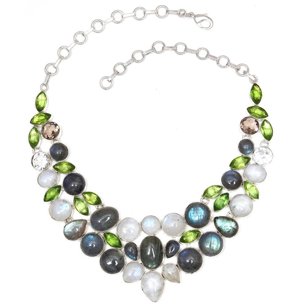 Rainbow Moonstone  Shiney Labrodorite Handicraft Jewelry Necklace Set 16-18''