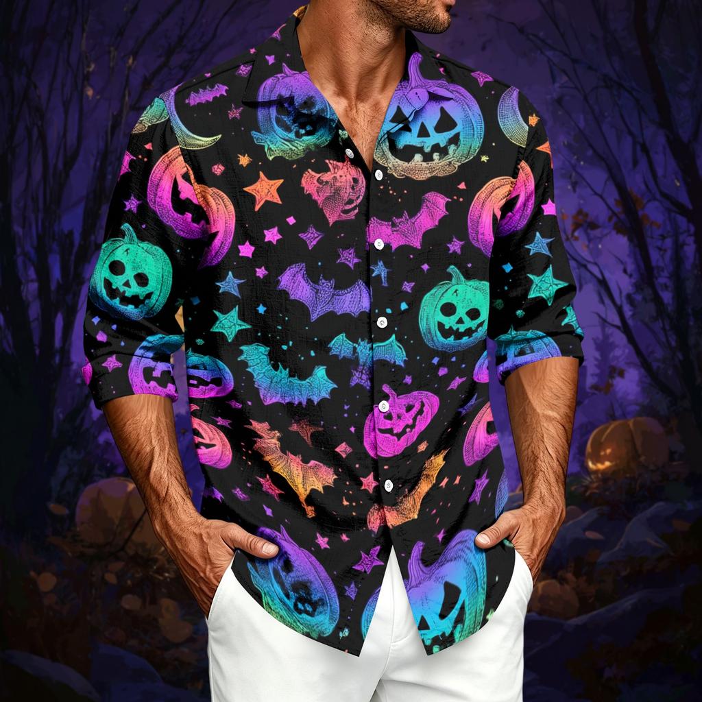 Men's Casual Long-Sleeve Shirt with Halloween Print for Spring ,Summer and Fall