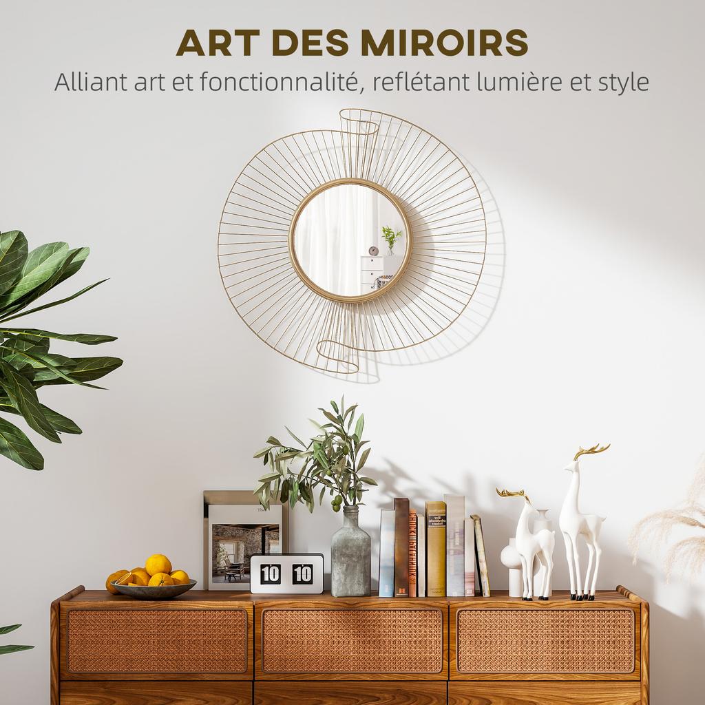 Round Decorative Mirror 60 Cm with 360 Degrees Mounting, Modern Metal Wall Decoration with Pleated Details, Gold