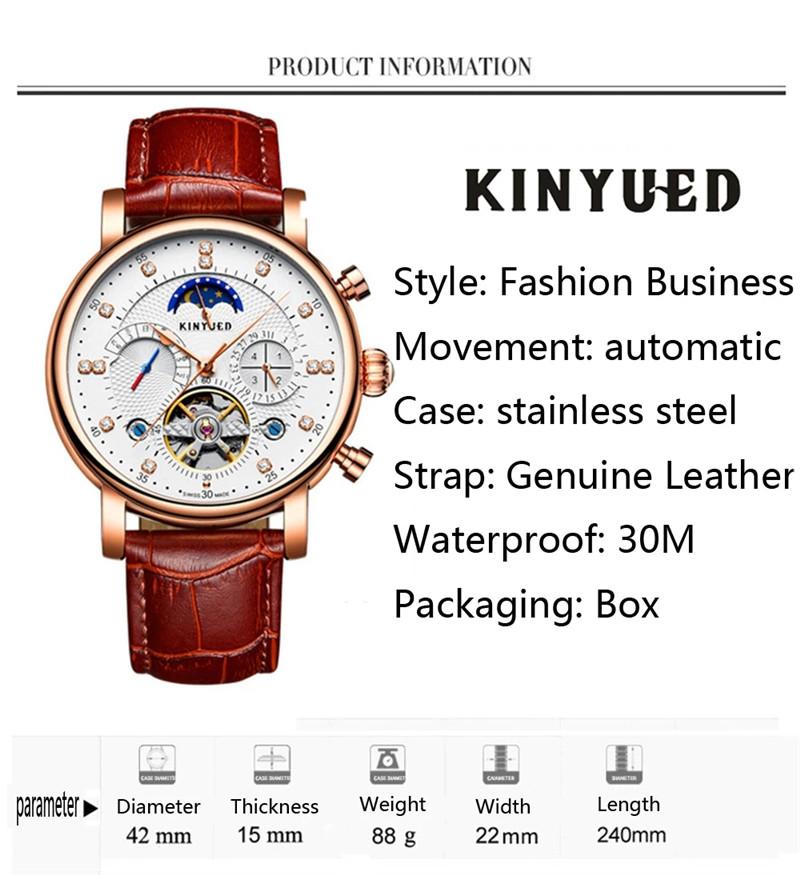 Luxury Brand KINYUED Automatic Mechanical Men Watch Waterproof Leather Strap Tourbillon Sport Mens Watches Fashion Casual Male