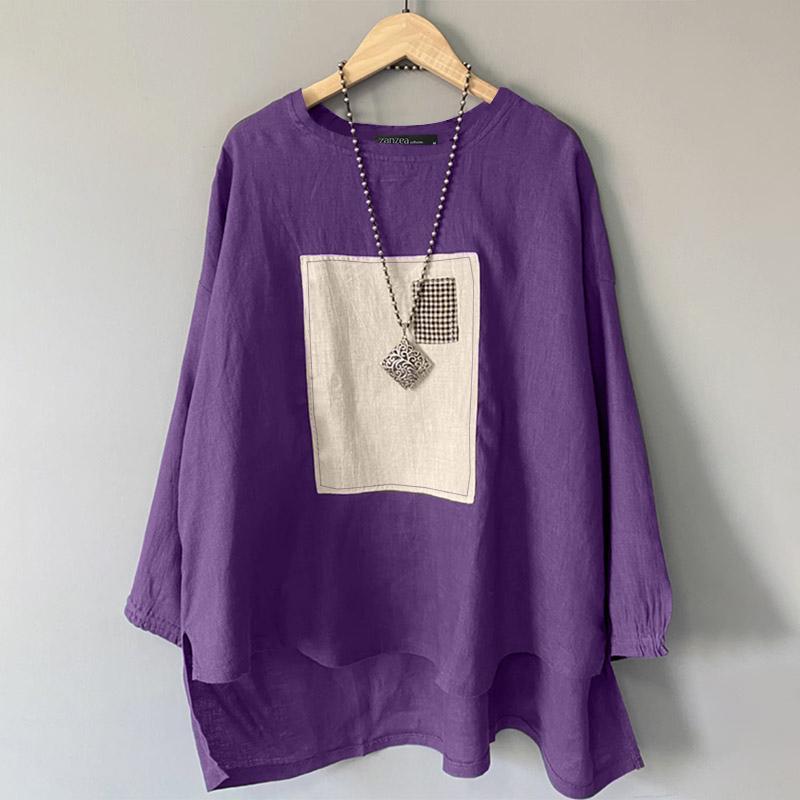 

ZANZEA Женская повседневная блузка с круглым вырезом и длинным рукавом в стиле пэчворк