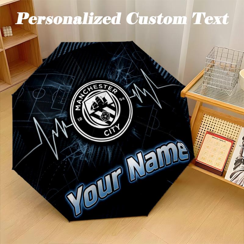 8 Rib Auto Folding Umbrella Manchester City Print Custom Name Text Portable Rain Gear