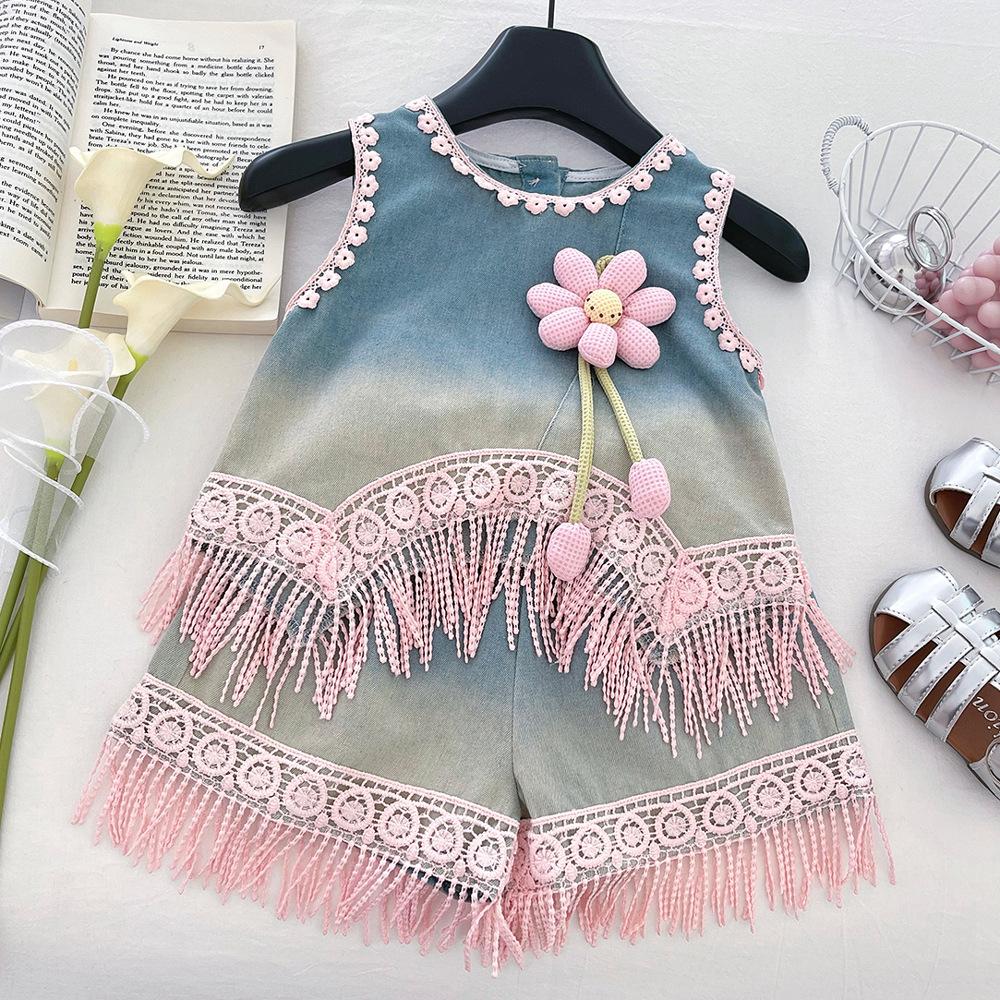 Girls Summer Denim Two Piece Set Cute Floral Heart Cutout Bow Lace Trim Outfit Fashionable Kids Clothing 90cm