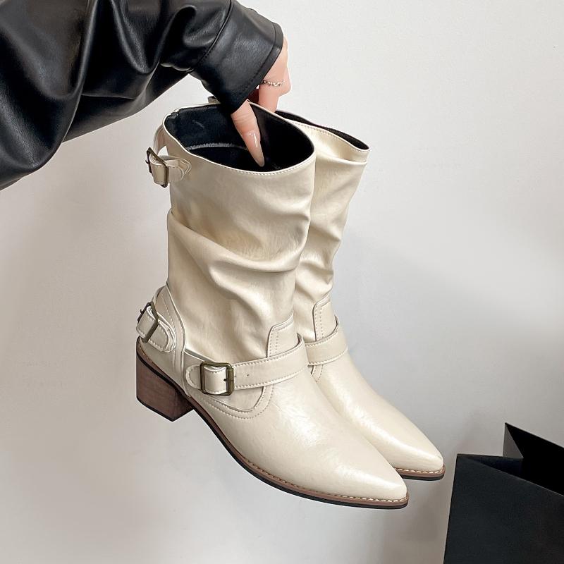 Fashion Autumn Winter Vintage Thick Heel Women Western Cowboy Boots Slip On Belt Buckle Shoes Ladies Mid Calf Botas Zapatos De Mujer