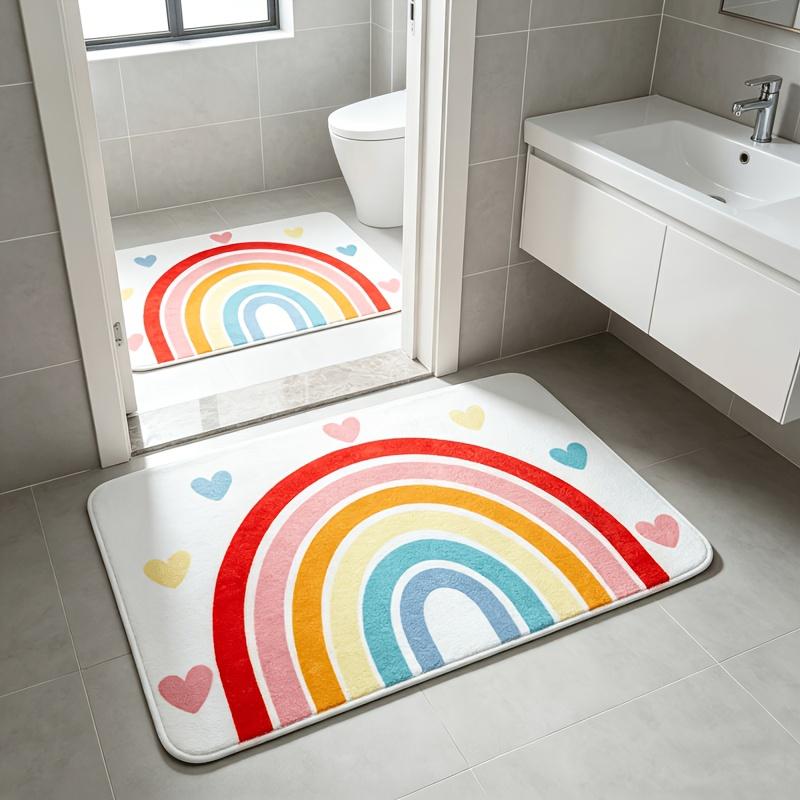 Kawaii Rainbow Heart Floor Mat Soft Plush Rug For Girls Bedroom Bathroom Nursery Room Home Decor