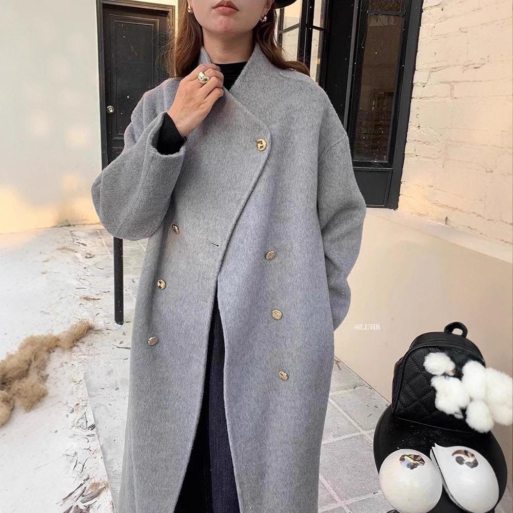 Korean High-Collar Gentle Gray Loose-Fit Wool Coat for Women - Autumn/Winter Fashion