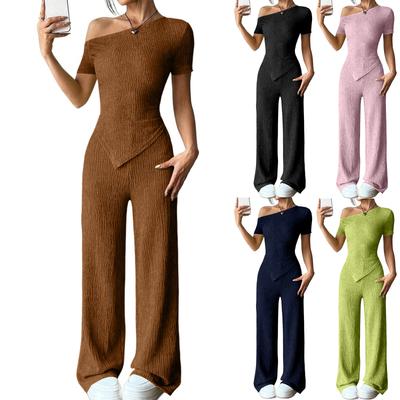 Damen Sets Ein Schulter T-Shirt Und Weitbeinige Hose Mit Niedriger Taille Set