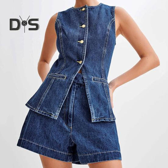 Damen Weste Shorts Ärmellos Einreihig Geteilter Saum Rundhalsausschnitt Knöpfe Slim Fit Hohe Taille Einfarbig Kurze Hose