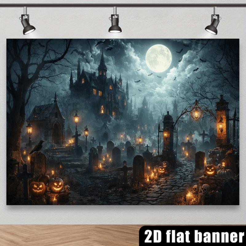 2D plane horror castle scene background fabric Gothic pointed-topped castle full moon.PMJ